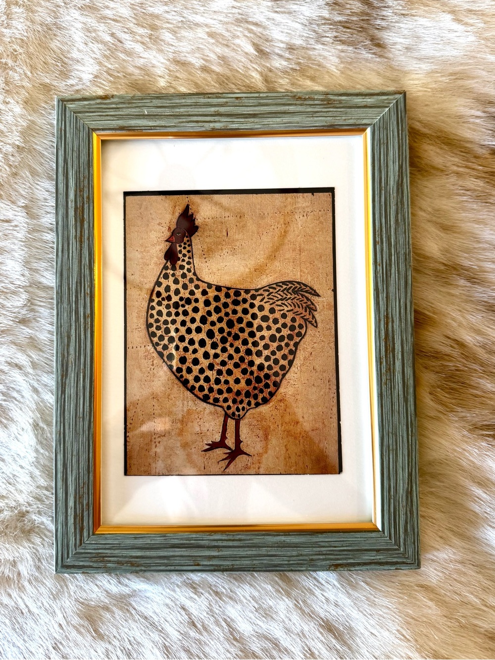Polka dot chicken print in green wood frame
